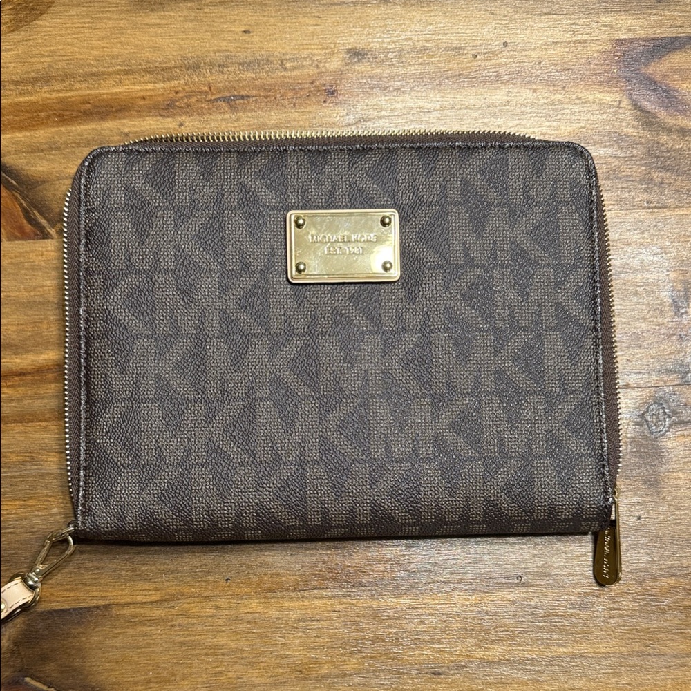 Michael Kors Dark Brown Zip Wallet with Gold Accents